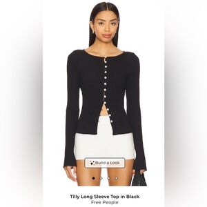 Free People Tilly Long-Sleeve Button Front Ribbed Top in Black